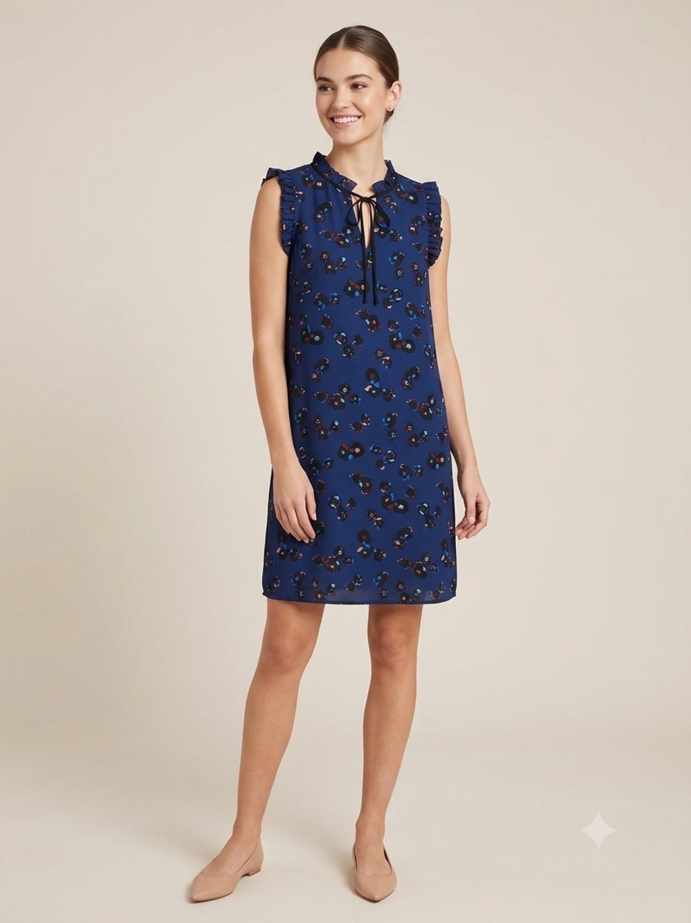 DALIA Floral Ruffle Neck Tie Mini Shift Dress Navy Blue US 4